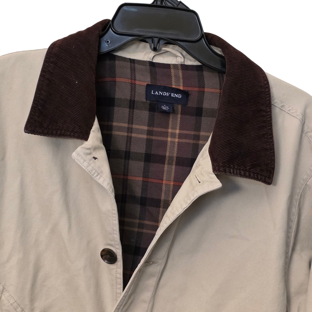 Lands End Mens Tan Cotton Canvas Barn Coat Plaid Lined Corduroy Collar Large
